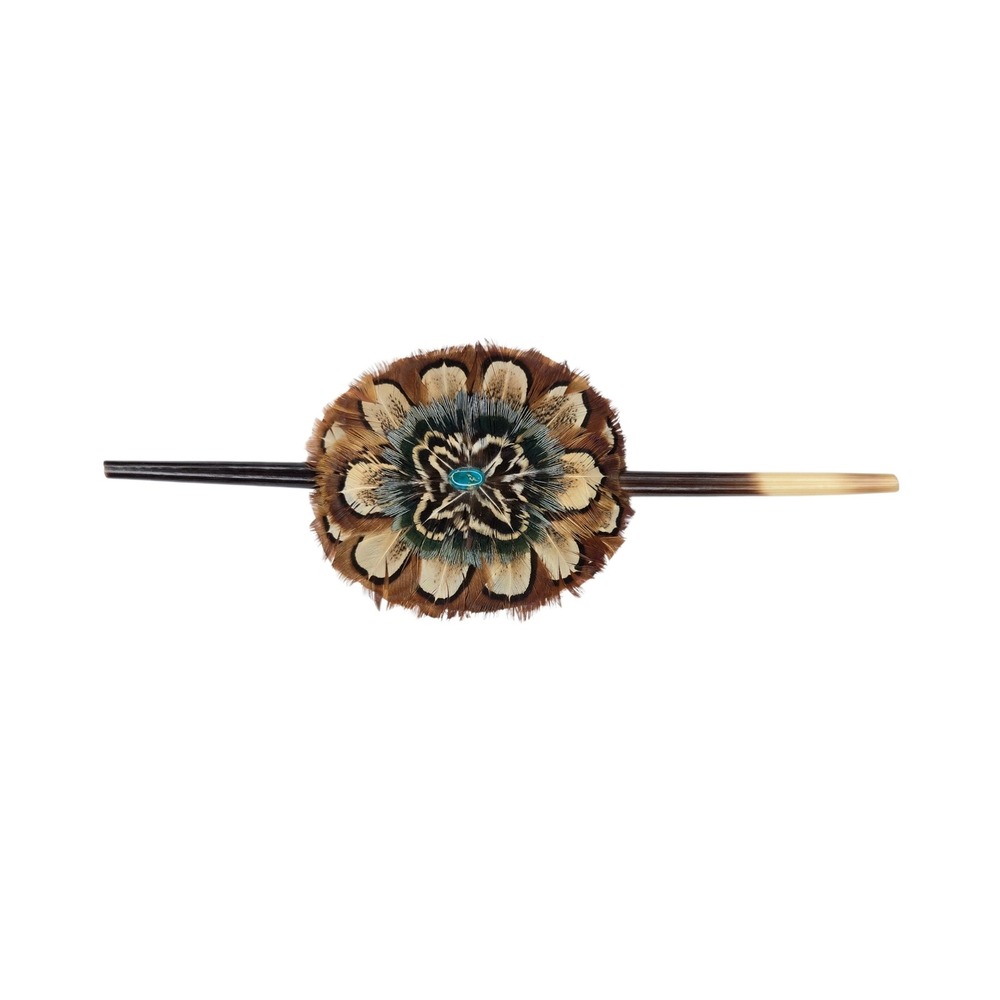 Vintage Hair Stick Feather Suede Brown Turquoise Southwestern Boho